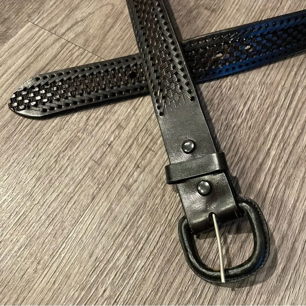 VINTAGE Black Genuine Leather Braided Embossed Belt Size 40